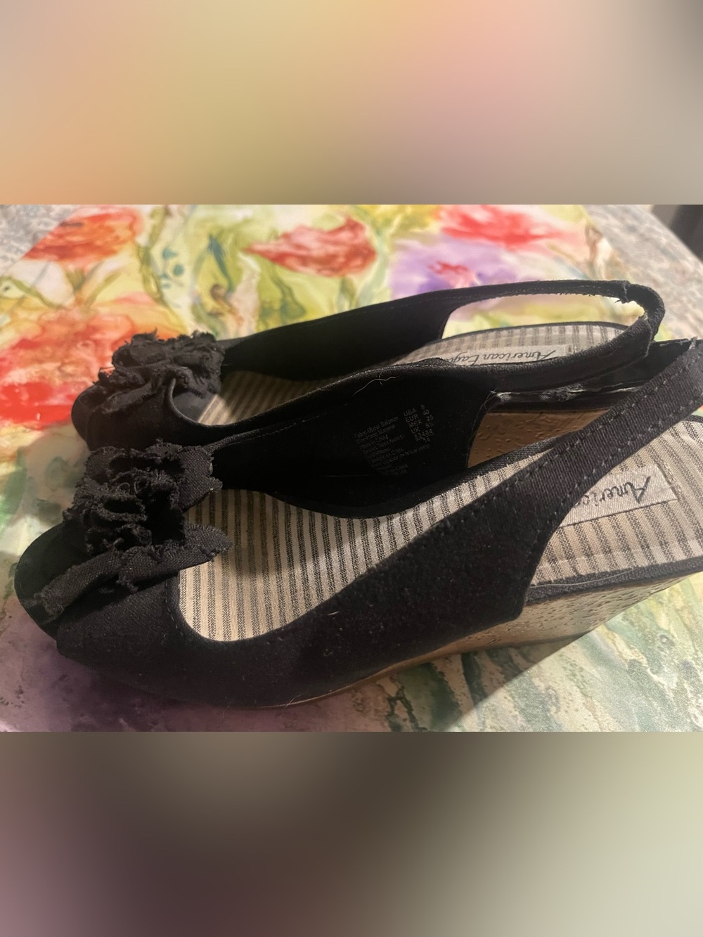 American Eagle Black Slingback Wedge Sandals with Bow Detail Size 8